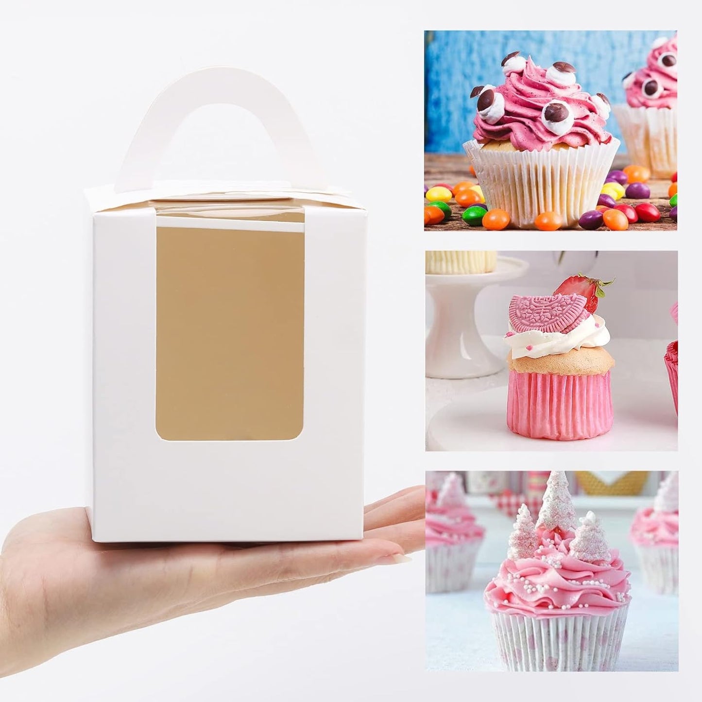 acDesign 100Pcs Cupcake Boxes With Window 3.6in*3.6in*4.3in Single Individual Cupcake Boxes With Handle and Inserts for Wedding Birthday Party Treats Gift,Black