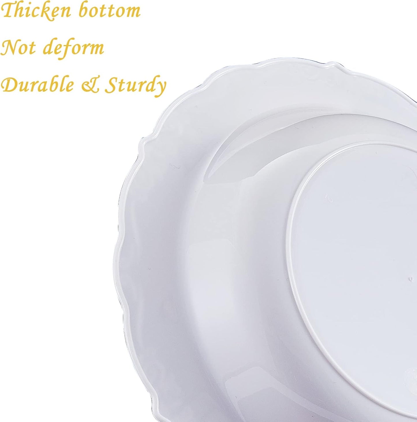 N9R 30PCS Disposable Plastic Bowls with Gold Rim, 12 oz Fancy White Plastic Bowls, Premium Dessert Salad Bowls Perfect for Party, Wedding and Everyday Use