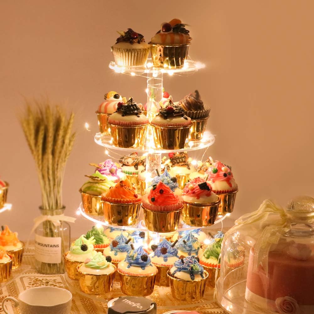 YestBuy Cupcake Stand with Yellow Led Lights, 4 Tier Cupcake Stand for 50 Cupcakes, Acrylic Cupcake Tower Stand, Clear Tiered Cupcake Holder for Birthday Cady Bar Décor Weddings, Parties Events