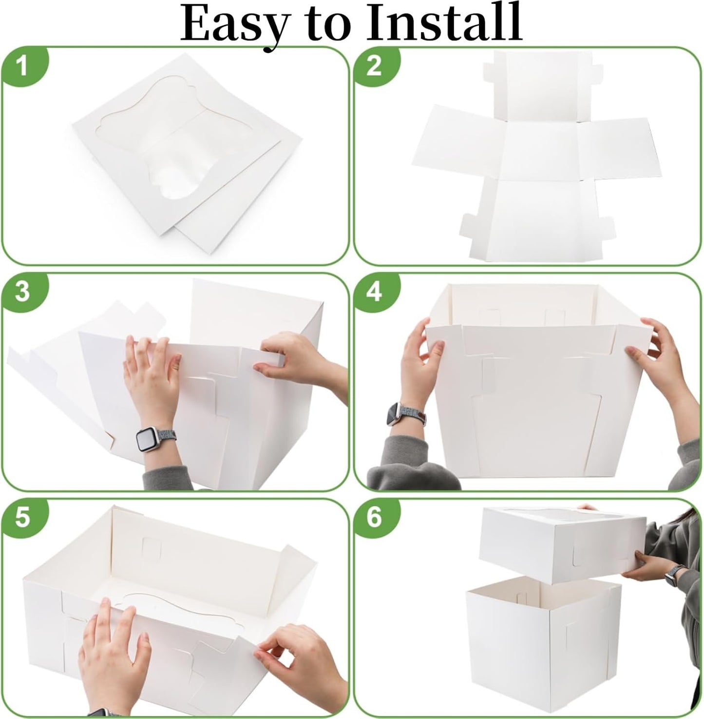 Pumtus 15 PCS Tall Cake Boxes, Square Cake Box with Window in 3 Sizes 12x12x12 10x10x10 8x8x8 Inches, Cardboard Tier Cake Bakery Container, Disposable Dessert Pie Takeout Carrier for Wedding Birthday