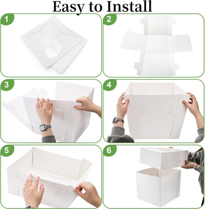 Pumtus 15 PCS Tall Cake Boxes, Square Cake Box with Window in 3 Sizes 12x12x12 10x10x10 8x8x8 Inches, Cardboard Tier Cake Bakery Container, Disposable Dessert Pie Takeout Carrier for Wedding Birthday