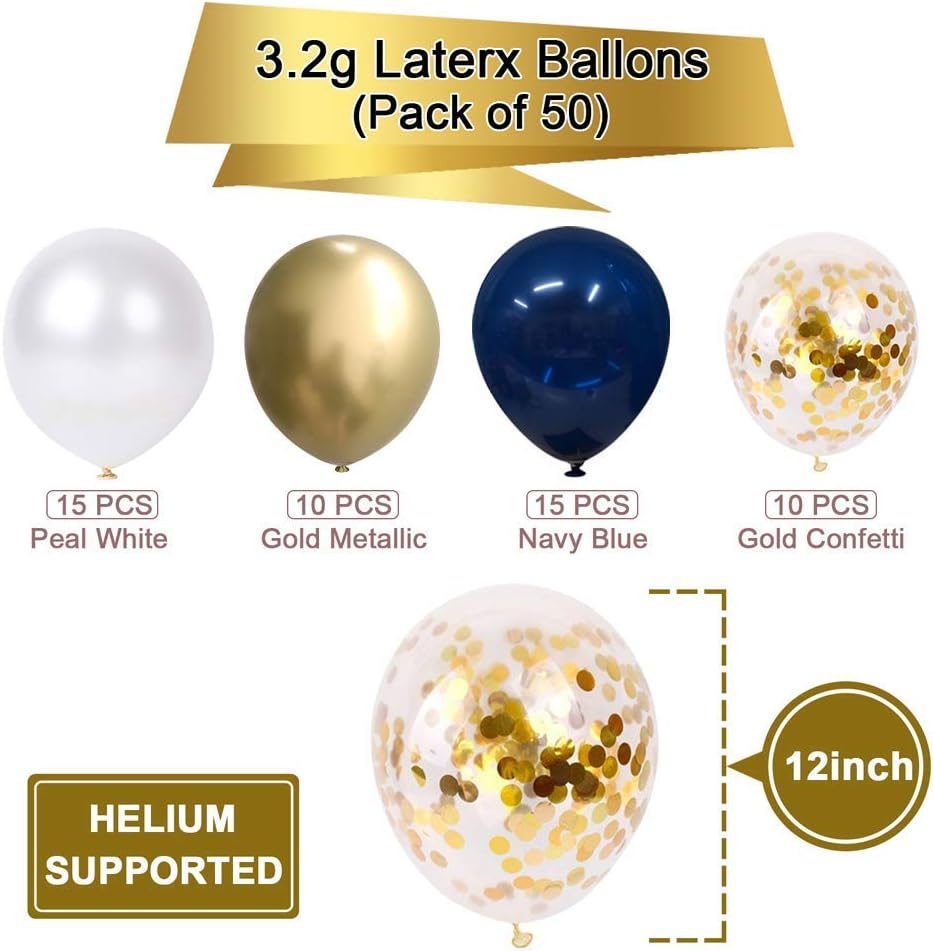 Navy Blue and Gold Confetti Balloons, 50 pcs 12 inch Pearl White and Gold Metallic Chrome Birthday Balloons for Celebration Graduation Party Balloons