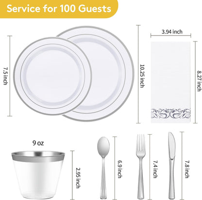 Goodluck 350 Pieces Gold Dinnerware Set for 50 Guests, Plastic Plates Disposable for Party, Include: 50 Gold Rim Dinner Plates, 50 Dessert Plates, 50 Paper Napkins, 50 Cups, 50 Gold Silverware Set