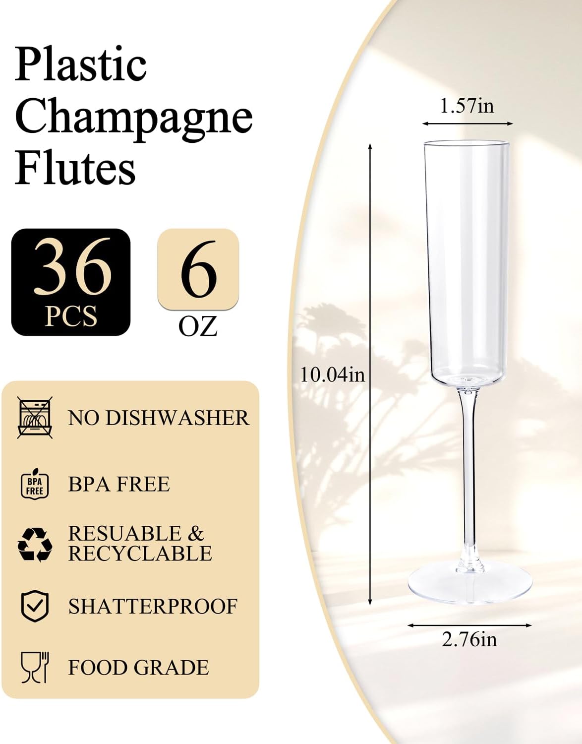 Ciaell 36 Pack Plastic Champagne Flutes - 6 Oz Disposable Champagne Glasses - Square Clear Plastic Toasting Glasses for Party Birthday Anniversary Wedding
