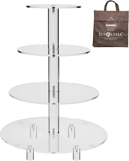 Jusalpha Large 4 Tier Cupcake Stand,Acrylic Round Cake Stand Dessert Tower Tea Party Serving Platter, Cupcake Tree Wedding Party Décor, Stand with Rod Feet (4RF)