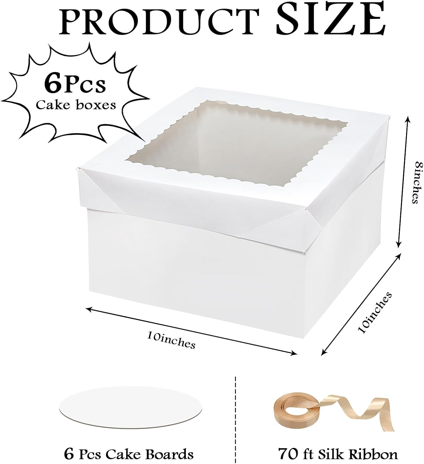 6PCS 12x12x8 Inches Cake Boxes with Boards—（3 Boxes with window & 3 Borads & 70ft Silk Ribbon） Large Square Baking Boxes for Christmas,Birthday Party, Wedding, Valentine's Day
