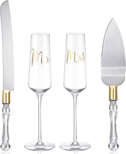 Boao 4 Pieces Wedding Toasting Flutes and Cake Server Set Wedding Reception Supplies Champagne Glasses Cake Knife Pie Server (Gold,Classic)