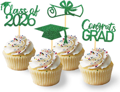 2026 Graduation Theme Cupcake Toppers Glitter Class of 2026 Graduation Cap Diploma Cupcake Picks - Set of 24 (Gold)