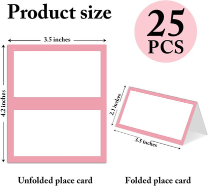25 Pack Pink Plaid Bow Place Cards, Editable Name Cards for Table Setting, Tent Cards Food Label for Dinner Party, Bridal Shower, Wedding, Baby Shower and Events -T30