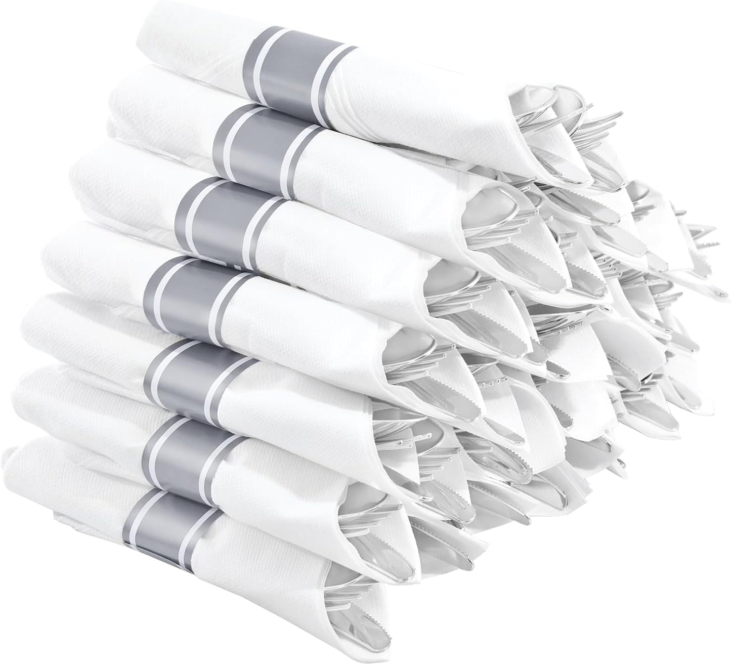 Supernal 240 Silver Plastic Silverware Set - 60 Sets Pre Rolled Napkins with Cutlery - Mirror Polished Real Look Disposable Silver Utensils- Elegant Heavy Duty Flatware for Weddings & Catering