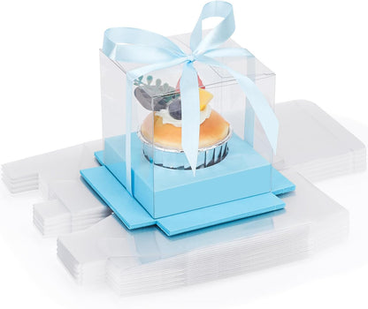 EUSOAR Individual Cupcake Holder, 50pcs 3.5 Inch Plastic Black Cupcake Containers with Lids, Single Transparent Display Clear Cupcake Carrier with Ribbon and Inserts for Wedding Party Favor