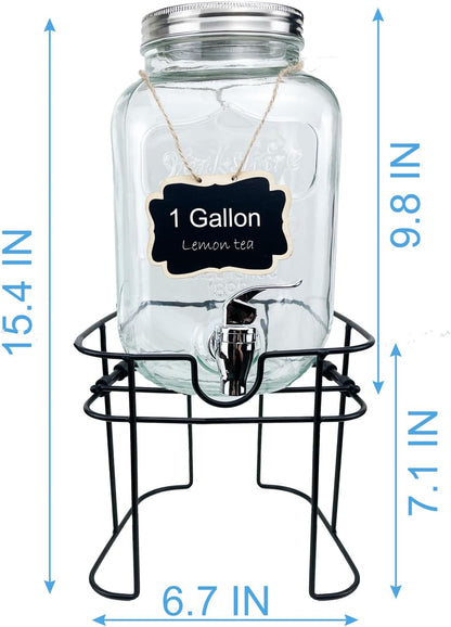 1 Gallon Glass Drink Dispenser for Parties, 2 Packs Juice Lemonade Ice Tea Water Dispenser with Stand, HENABLE Beverage Dispensers with Spigot for BBQ, Picnic, Party
