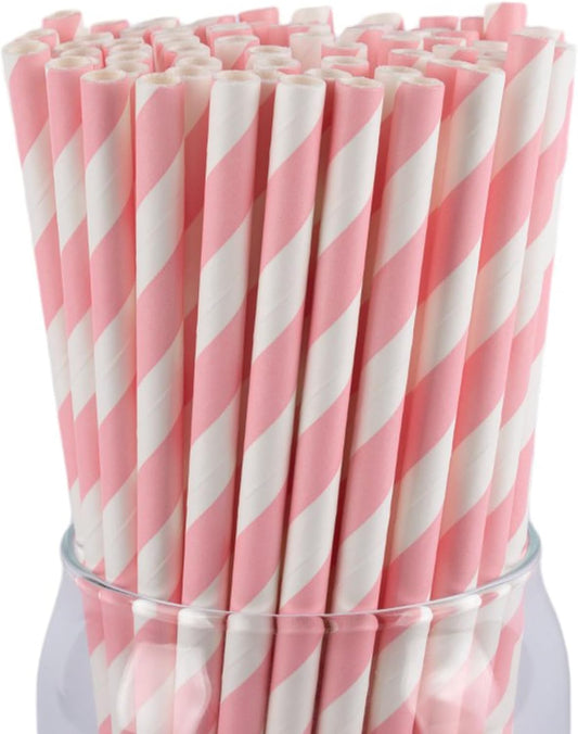 PakTalk 100 Pack Red Straws, Disposable Red and White Biodegradable Paper Striped Straws for Cocktail, Milkshake, Coffee, Lemonade (0.24" x 7.75")