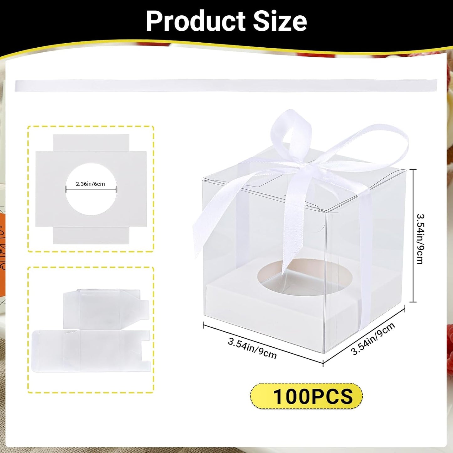 EUSOAR Individual Cupcake Holder, 50pcs 3.5 Inch Plastic Black Cupcake Containers with Lids, Single Transparent Display Clear Cupcake Carrier with Ribbon and Inserts for Wedding Party Favor