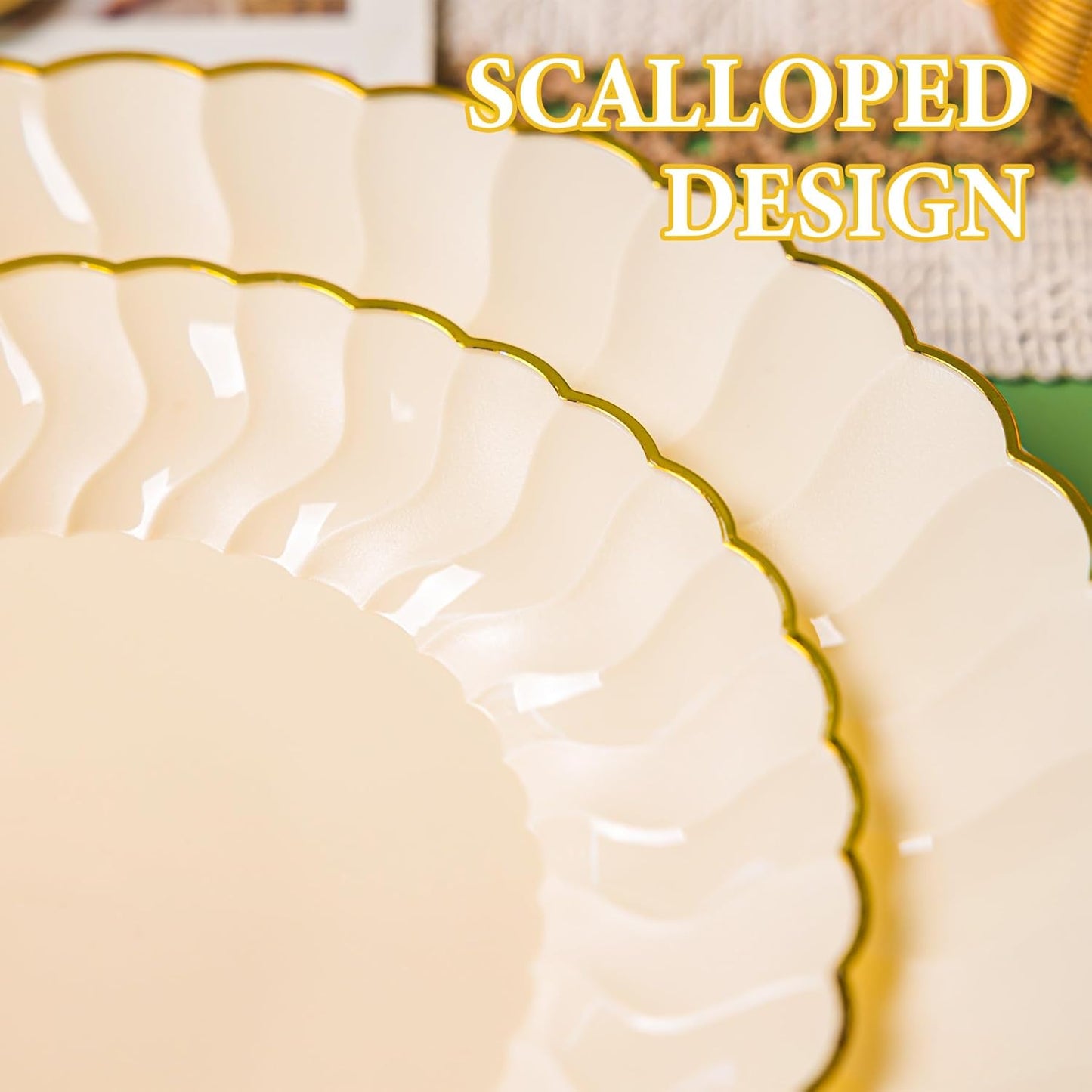 Lullaby 60PCS Ivory Scalloped Plastic Plates with Gold Rim, Disposable Elegant Plates Include 30pcs Dinner Plate 10.25", 30pcs Plastic Dessert Plate 7.5", Perfect for Wedding and Party