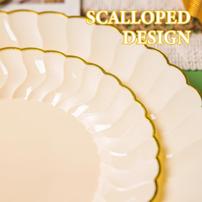 Lullaby 60PCS Ivory Scalloped Plastic Plates with Gold Rim, Disposable Elegant Plates Include 30pcs Dinner Plate 10.25", 30pcs Plastic Dessert Plate 7.5", Perfect for Wedding and Party