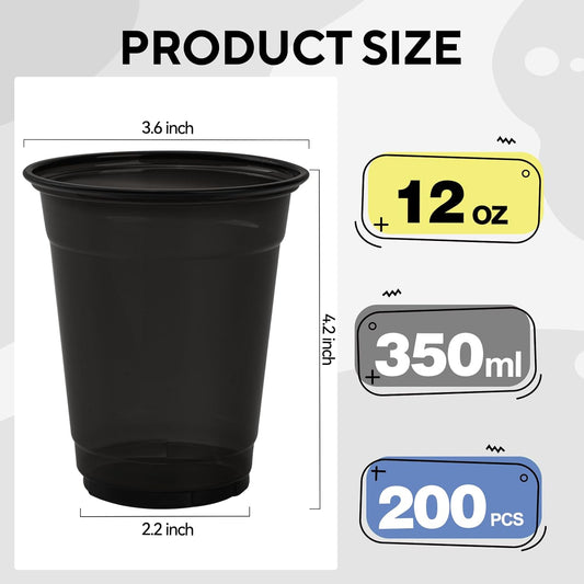 50 Pack Black Clear Plastic Cups 12 oz Disposable Drinking Cups for Wedding Black Birthday Party Supplies
