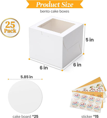 COTOPHER 50 Pcs Cake Boxes 8 Inch, 8x8x5 Inches Cake Containers (25 Boxes & 25 Boards), White Bakery Boxes with Windown for Cookies, Desserts, Cupcake, Pastries, Birthday, Wedding, Mother's Day