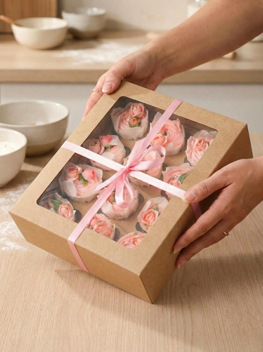 Bakepacker Auto-pop Up Cupcake Boxes with Window White 20PCS 12 Count Cupcake Box 13"x10"x3.5" Cupcakes Carrier, 12 Cupcake Containers with rolls of pink ribbons