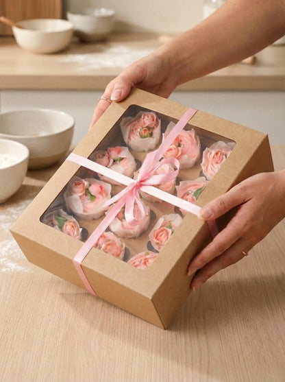 Bakepacker Auto-pop Up Cupcake Boxes with Window White 20PCS 12 Count Cupcake Box 13"x10"x3.5" Cupcakes Carrier, 12 Cupcake Containers with rolls of pink ribbons