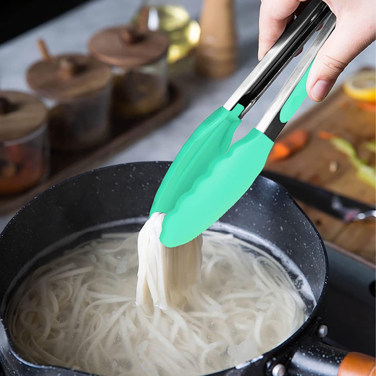 HINMAY Small Silicone Tongs 7-Inch Mini Serving Tongs, Set of 3 (Black Gray White)