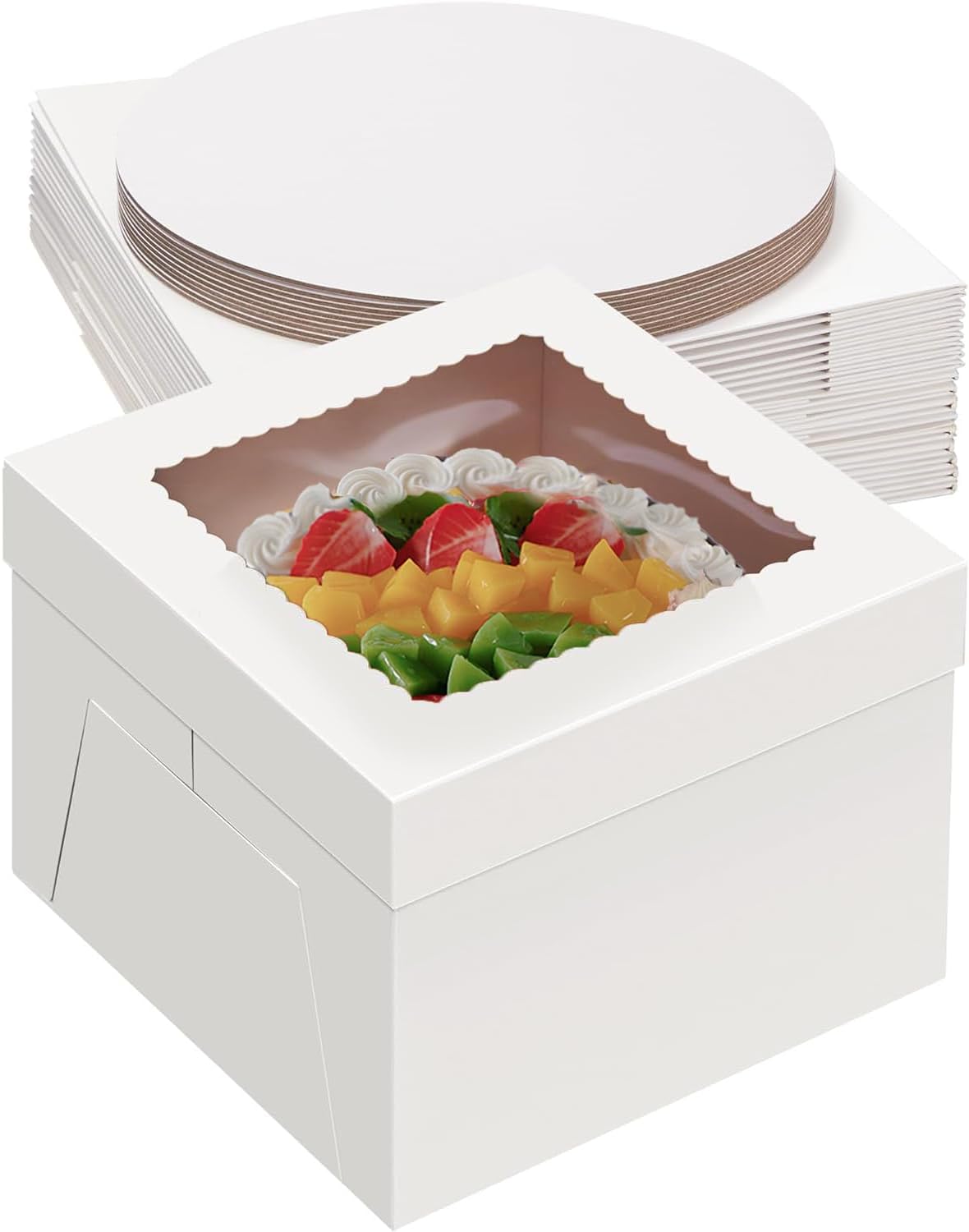 20Pack 12x12x6 Cake Boxes with Boards, 10Pcs Cake Boxes & 10Pcs Cake Boards, Sturdy White Packaging for Transporting & Displaying Cakes, Desserts, and Fathers day