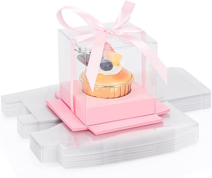 EUSOAR Individual Cupcake Holder, 50pcs 3.5 Inch Plastic Black Cupcake Containers with Lids, Single Transparent Display Clear Cupcake Carrier with Ribbon and Inserts for Wedding Party Favor