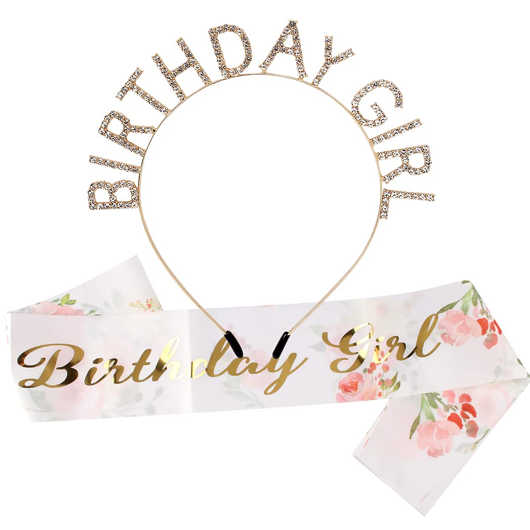 AOPRIE Birthday Girl Crown for Women with Sash Rose Gold Tiara for Women Headband Princess Crown Rhinestone Happy Birthday Accessories