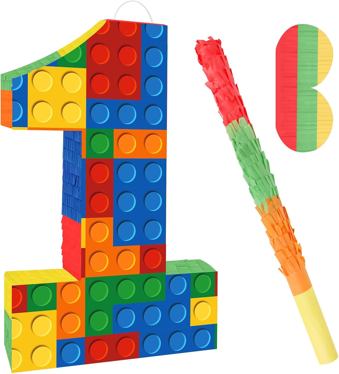 Number 7 Pinata Building Blocks with Pinata Stick Blindfold 7th Birthday Party Decorations Happy Birthday Building Block Theme Anniversary Party Supplies for Kids (Small, 16 x 10.6 x 3 in)