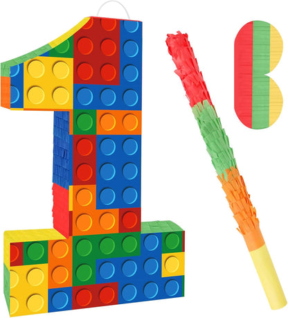 Number 7 Pinata Building Blocks with Pinata Stick Blindfold 7th Birthday Party Decorations Happy Birthday Building Block Theme Anniversary Party Supplies for Kids (Small, 16 x 10.6 x 3 in)