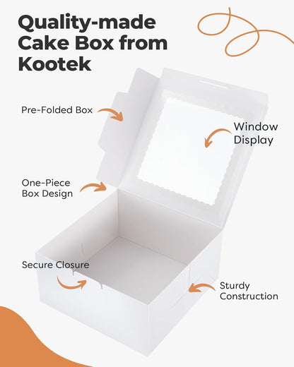 Kootek 15pcs Cake Boxes, 10x10x8 Inches Tall Cake Box with Window, White Bakery Boxes, Large Baking Boxes, Square Cardboard Cake Box for Multi-Layer Cakes, Cake Decorating Supplies for Gift Giving