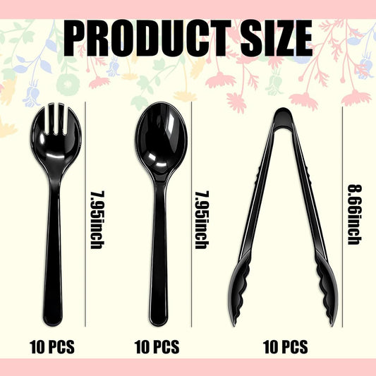 24 Pack Disposable Black Plastic Serving Utensils, Including Plastic Serving Spoons, Forks And Tongs, Disposable Serving Spoons For Buffet Dinner Parties Buffets Banquets Events Weddings And Daily Use