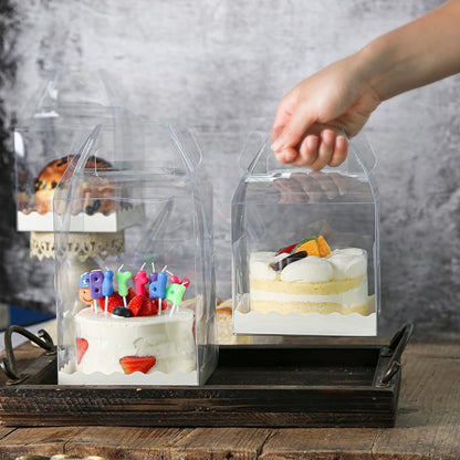 10Pcs Clear Cake Boxes with 10 Stickers and 1 Roll Ribbon,5.5X5.5 Inch Transparent Bakery Boxes Mini Cake Boxes Plastic Cupcake Candy Display Boxes for Home Wedding Birthday Party Baby Shower Favors