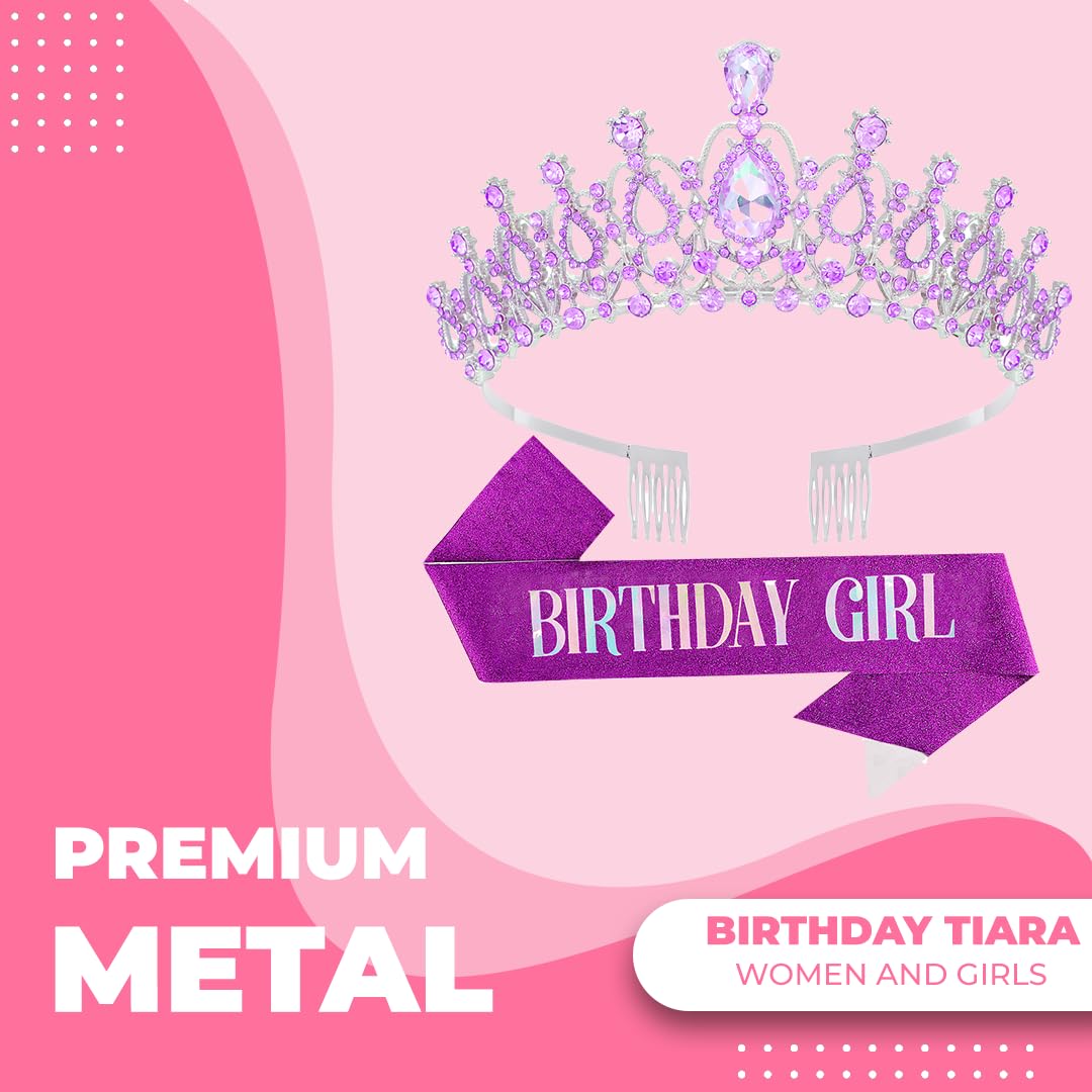 Birthday Tiara Crown with Sash for Women, Headband Hair Accessories for Wedding Party Costume