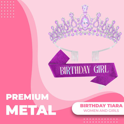 Birthday Tiara Crown with Sash for Women, Headband Hair Accessories for Wedding Party Costume