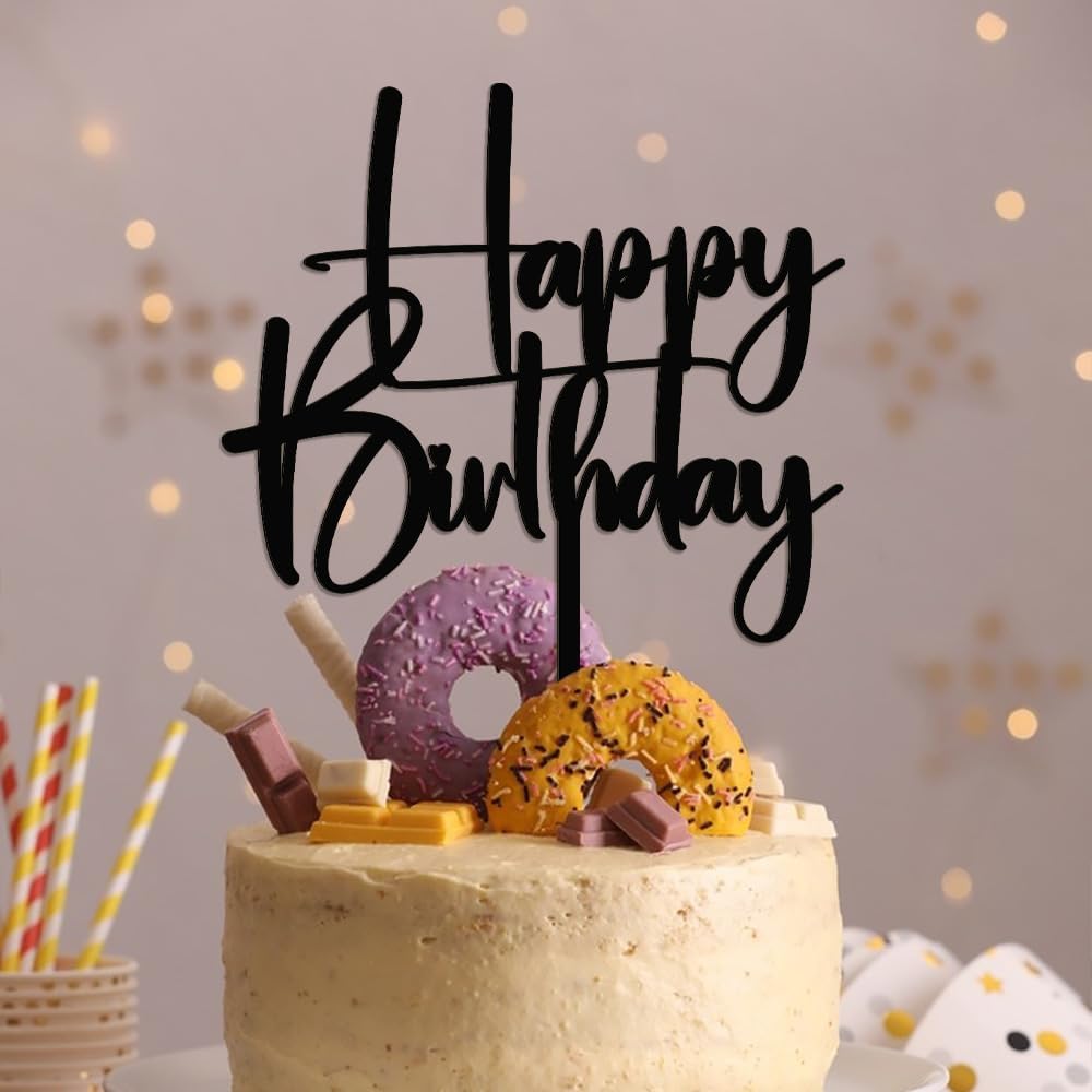 Happy Birthday Cake Topper,black Glitter Cake Pick Bunting Decor for Anniversary Birthday Party Cake Decorations Supplies