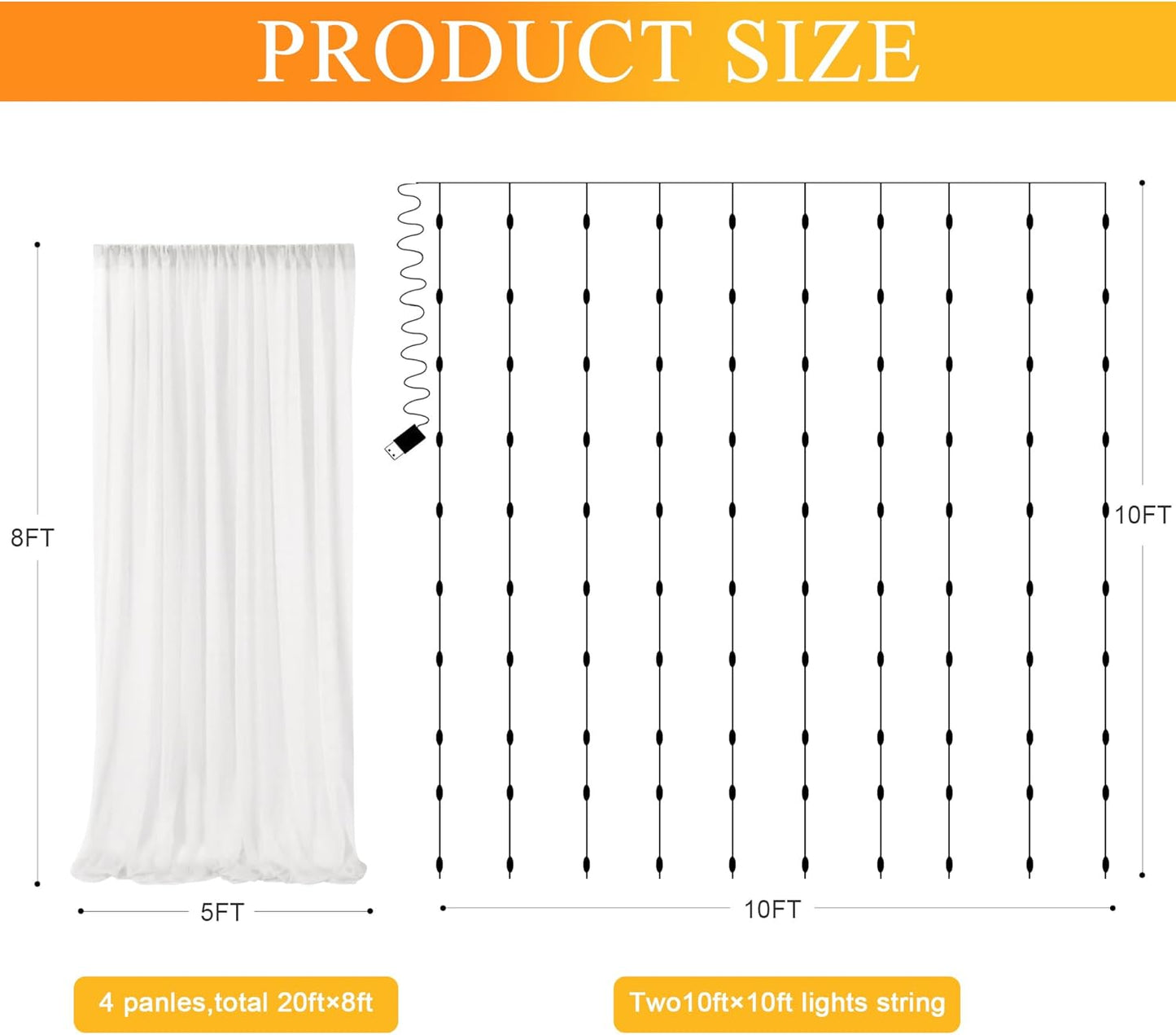 Fomcet Tulle Backdrop Curtains with Lights String White 10FT X 8FT Sheer Curtain with Lights Tulle Curtains Backdrop for Wedding Birthday Party Baby Shower Photo Shoot (2 Panels 5x8FT)