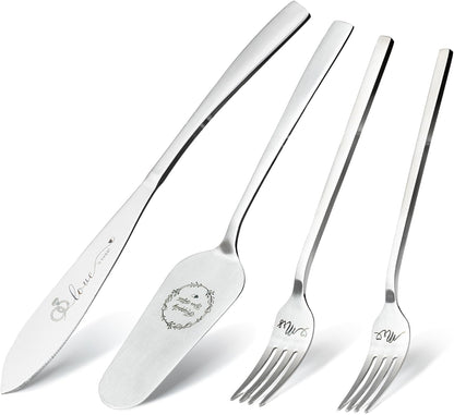 Cake Cutting Set For Wedding, Wedding Cake Knife And Server Set, Mr And Mrs Forks And Cake Cutter Set For Wedding, Bridal Shower Gifts, Engagement Gifts For Couples (Silver)