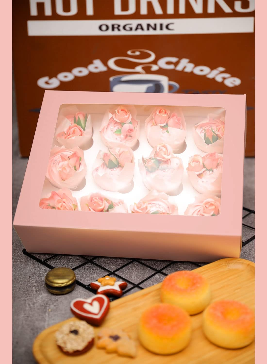 qiqee Auto-pop Up Cupcake Boxes with Window White 40PCS 12 Count Cupcake Box 13"x10"x3.5" Cupcakes Carrier, 12 Cupcake Containers with 2 rolls of pink ribbons