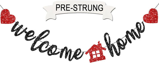 Pre-Strung Welcome Home Banner, Real Glitter Welcome Home Sign Decorations for Housewarming, Military, Coming Home Party