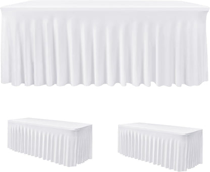 HolidayIdeas 2 Pack Spandex Table Skirt for 6 Ft Rectangle Tables, Black Fitted Stretch Tablecloth 30 x 72 Inch, Wrinkle Resistant Ruffle Design for Wedding Banquets, Trade Shows, Parties