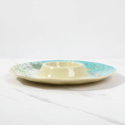 UPware Sea Life Melamine Chip and Dip Serving Tray, Round Serving Platter for Chips, Salsa, Fruit, and Snacks, Multicolor, 13.5 Inch