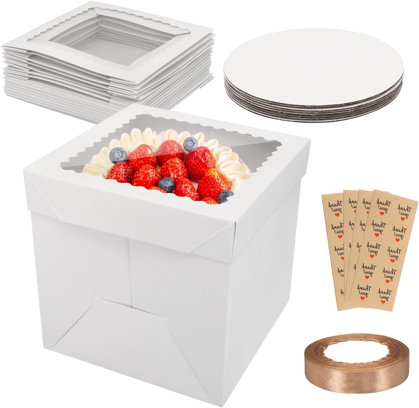 10 Pack Cake Boxes,Tall Cake Box with Window, White Bakery Boxes, 8x8x8 Inch Large Baking Boxes with Sticker, Cardboard Cake Box for Multi-Layer Cakes, Cake Decorating Supplies for Gift Giving