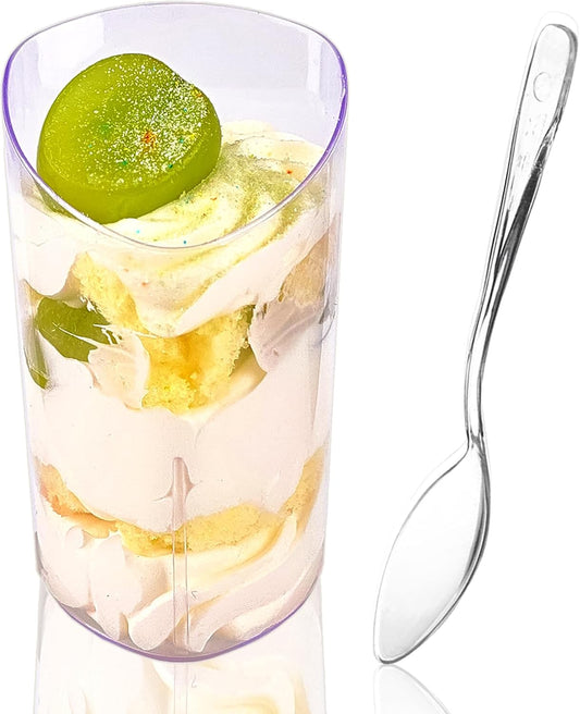 50 Pack Mini Dessert Cups with Spoons, 3 oz Clear Plastic Parfait Appetizer Cups, Small Reusable Shooter Serving bowls for Tasting, Slanted Triangle Dessert Shot Glasses