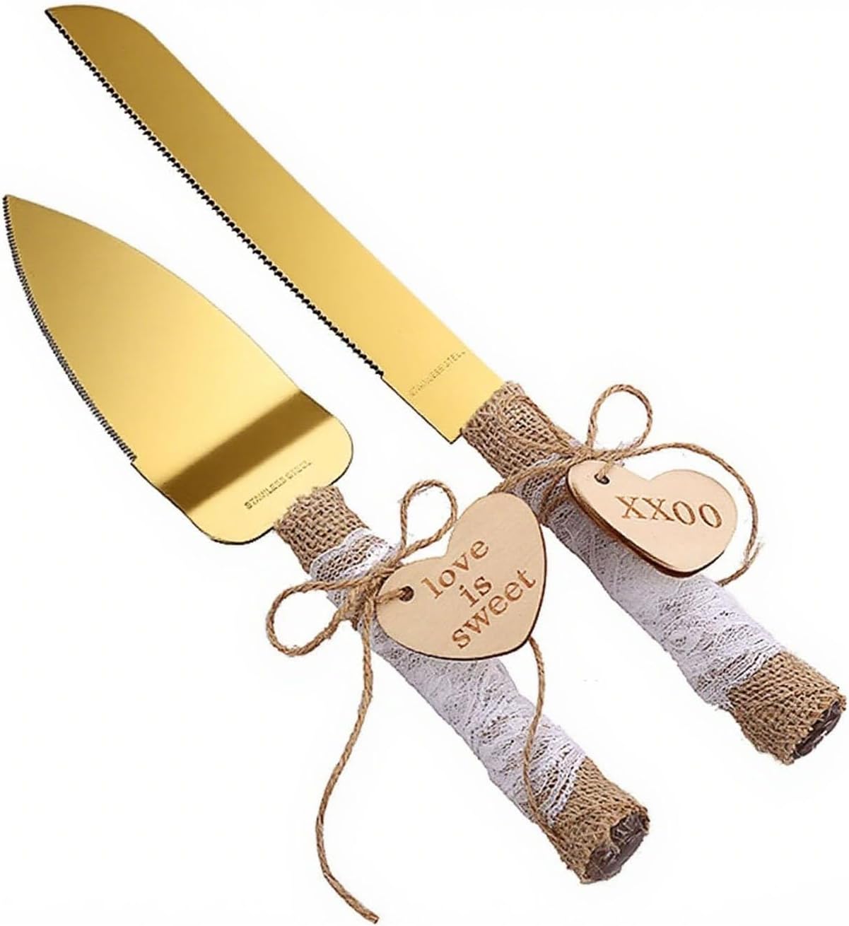 TANG SONG Rustic Style Stainless Steel Wedding Cake Knife and Serving Set Resin Plastic Handle with Twine Heart Love Wood Tag and Burlap Lace Design