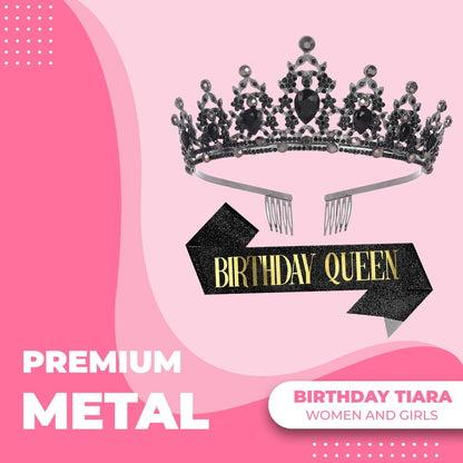 Birthday Tiara Crown with Sash for Women, Headband Hair Accessories for Wedding Party Costume