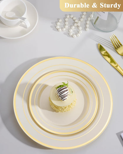 Goodluck 200PCS Gold Plastic Plates, Heavy Duty Disposable Gold Plates with 100 10.25 inch Dinner Plates and 100 7.5 inch Dessert Plates for Party, Holiday, Wedding, Thanksgiving