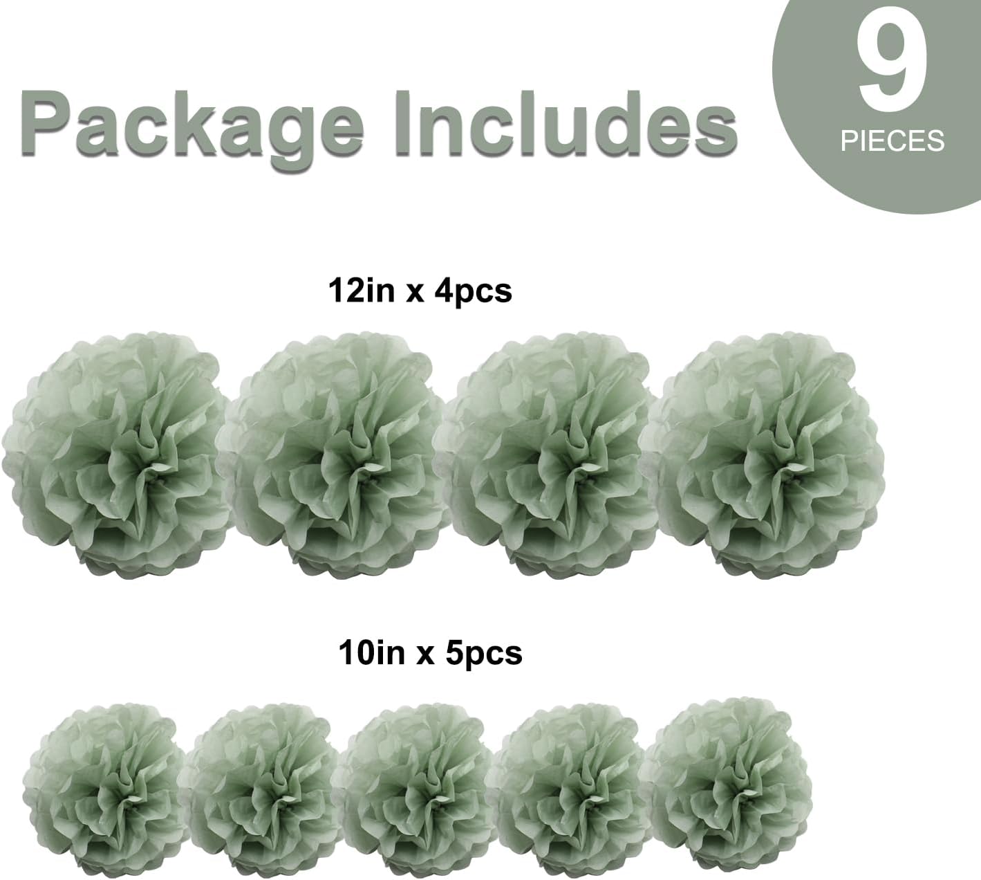 9-Pack Sage Green Tissue Paper Flower Pom Poms Decorations - 12" 10" Sage Hanging Paper Party Decor for Bridal Shower, Baby Shower, Birthday, Wedding, Nursery Room, Backdrop Supplies