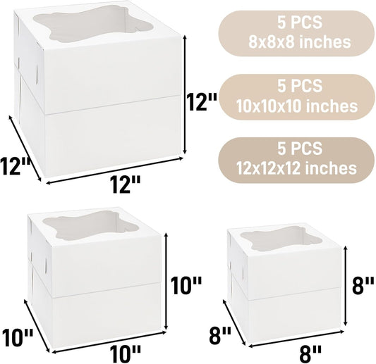 Pumtus 15 PCS Tall Cake Boxes, Square Cake Box with Window in 3 Sizes 12x12x12 10x10x10 8x8x8 Inches, Cardboard Tier Cake Bakery Container, Disposable Dessert Pie Takeout Carrier for Wedding Birthday