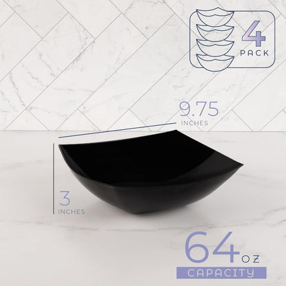 PLASTICPRO Disposable 64 ounce Square Serving Bowls, Party Snack or Salad Bowl, Large Plastic Elegant White Pack of 4